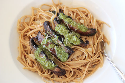 Grilled Portobello Mushroom Steaks with Pesto + Linguine