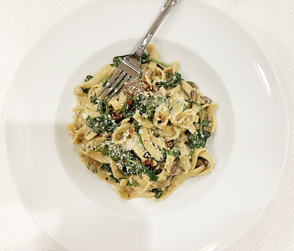 Chile Crisp Fettuccine Alfredo + Mushrooms + Spinach